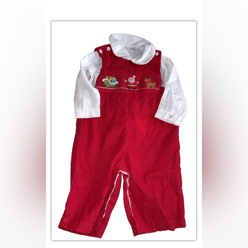 Edgehill collection hand smocked Longall two piece. Christmas Santa theme 6 Mo.